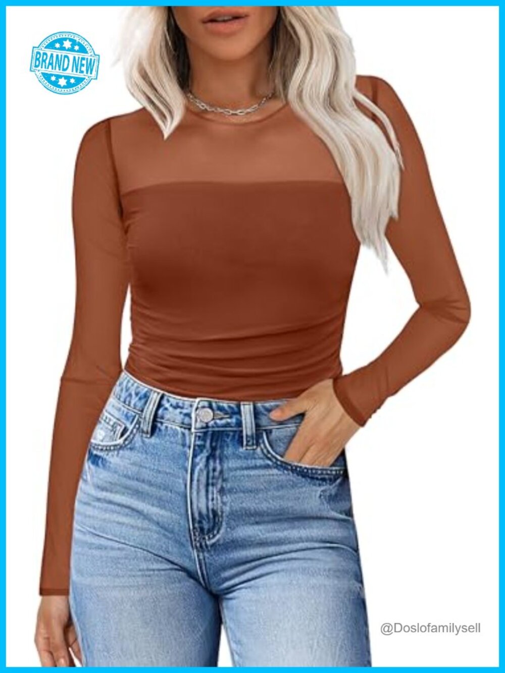 Sheer Mesh Long Sleeve Ruched Crew Neck Blouse